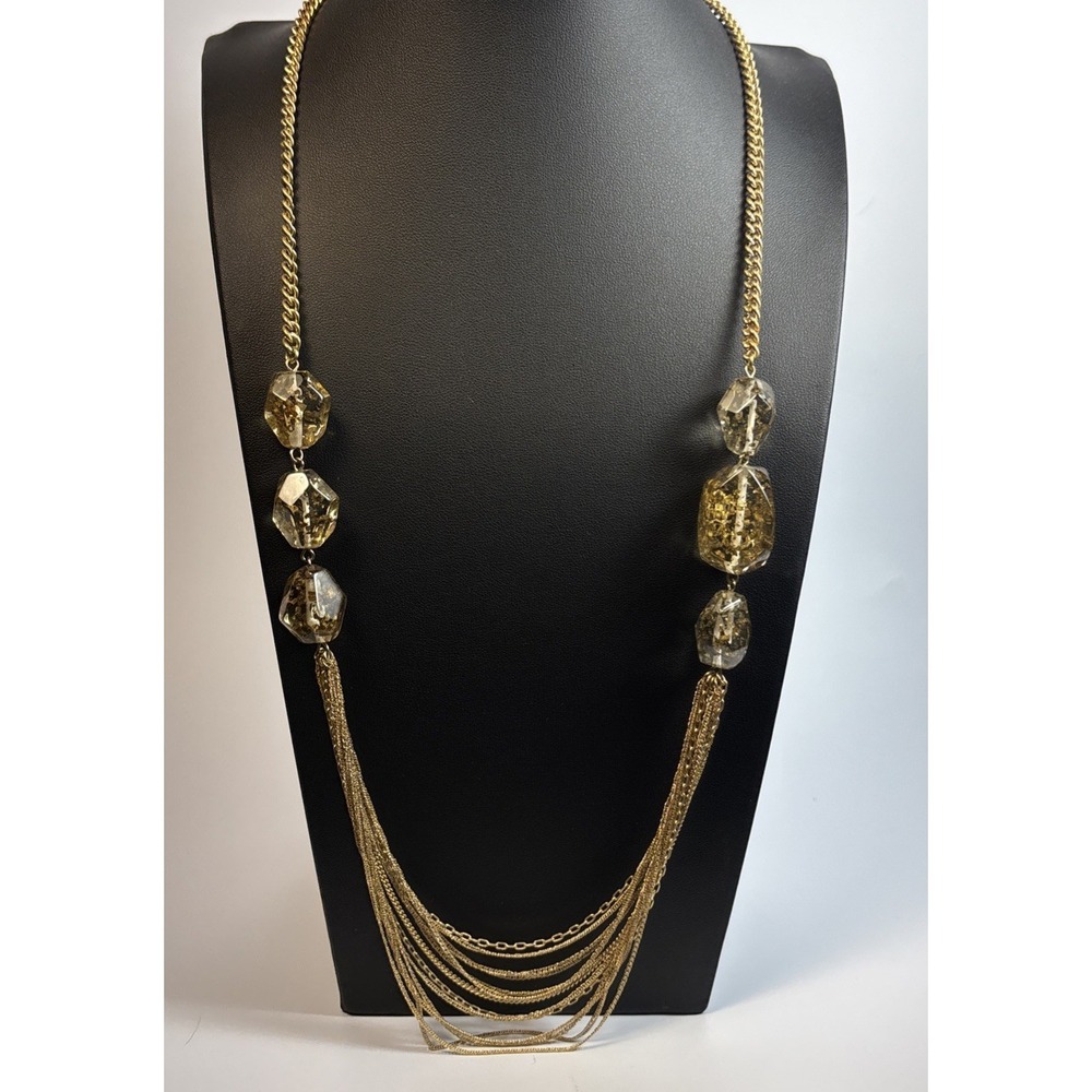 Gold Tone Necklace Multi Strand Long Chunky Gold Flecked Acrylic Kenneth Cole